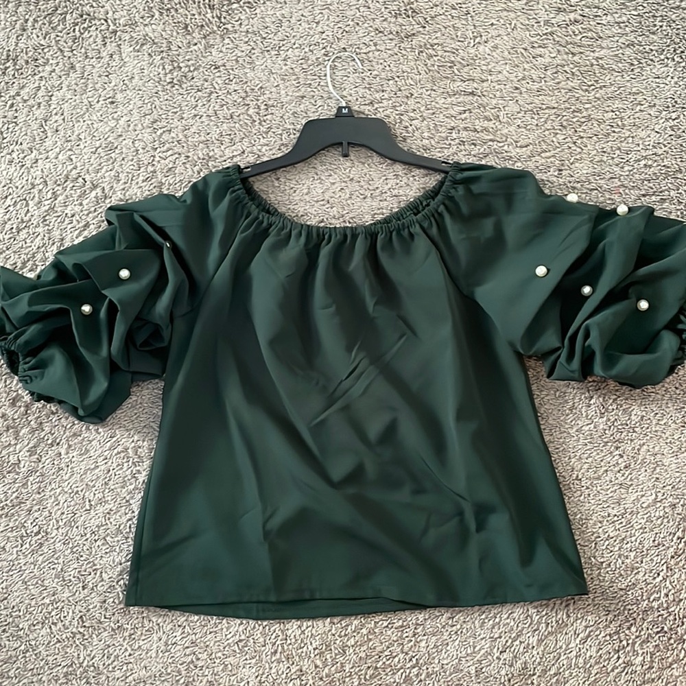 Off shoulder army green top with pearls